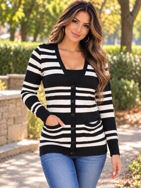 Calvin Klein Black and White Striped V-Neck Button Cardigan